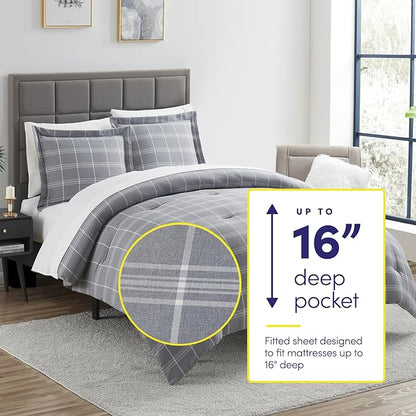 7 Piece Comforter Set Bag Solid Color All Season Soft Down Alternative Blanket & Luxurious Microfiber Bed Sheets, Queen, Gray Plaid