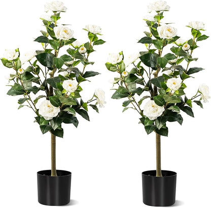 Artificial Camellia Tree 2 Pack, Artificial Plants Outdoor Faux Floral Plant in Cement Pot Fake Silk Camellia Tree Plants for Home House Living Room Office Decor