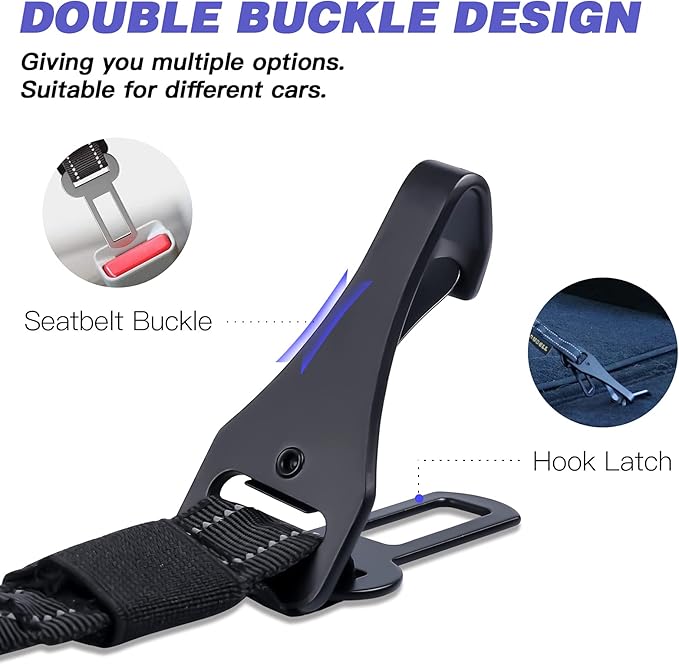 AUBELL Dog Seat Belt for Car,2 Pack Set 3-in-1 Adjustable Reflective Bungee Heavy Duty Dog Car Harness Tether with Clip Hook Latch & Buckle,Swivel Zinc Alloy Carabiner,Black+Black-Mewly Pet