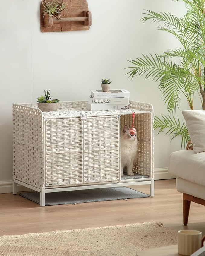 Cat Litter Box Enclosure Furniture with Divider, Handwoven Rattan Litter Box with Mat, 31.2 x 19.6 x 24.2 Inches, Metal Heightened Feet, Hidden Cat House for Living Room, Bedroom (White)-Mewly Pet