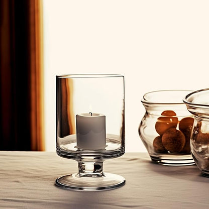 CYS EXCEL Glass Hurricane Pillar Candle Holder (H:8" W:4.75") | Multiple Size Choices Short Stem Candle Centerpieces | Stemmed Glass Cylinder Candle Vase