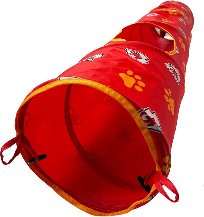 NFL Kansas City Chiefs Cat Tunnel Tube Toy with Plush Football Catnip and Feathers Collapsible Tunnel for Cats to Play, Peek and Hide, Sporty & Fun Cat Tunnel Toy with Team Logo All-Over Design!-Mewly Pet
