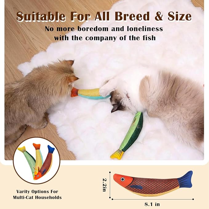 Cat Toys 4 Pack, Fish Shaped Catnip Toys with Crinkle Sound, Durable Interactive Chew & Kicker Toys for Indoor Cats, 8.1 Inch for All Breeds-Mewly Pet