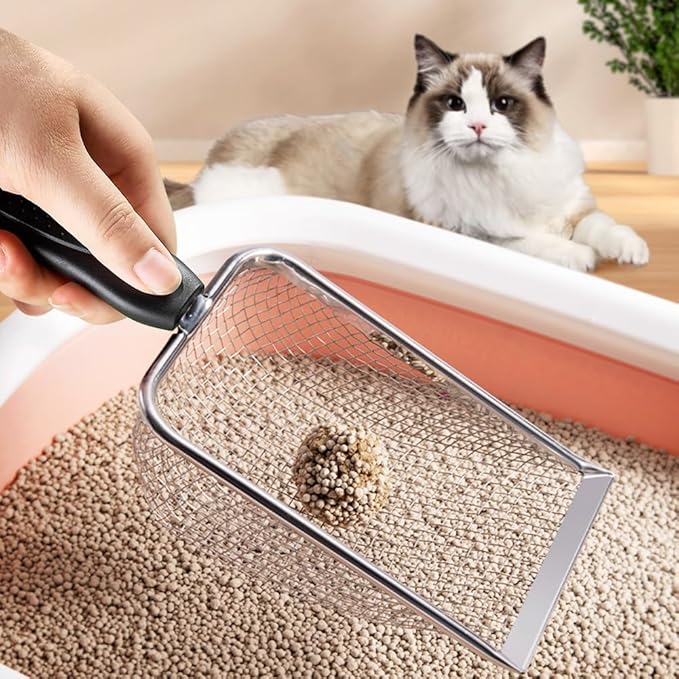 Cat Litter Scoop,Sturdy Litter Cleaner Corner Shovel,Stainless Steel Mesh Litter Shovel,Easy to Clean Reptile Terrarium Sand Waste,Beach Shovel(Black)-Mewly Pet