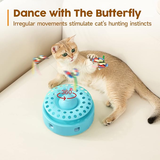 Potaroma Cat Toys 3-in-1 Automatic Interactive Kitten Toy, Fluttering Butterfly, Random Moving Ambush Feather, Track Balls, Dual Power Supplies, USB Powered, Indoor Exercise Cat Kicker (Blue)-Mewly Pet