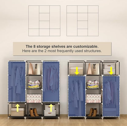 Portable Closet Wardrobe, 51-Inch Clothes Organizer with 2 Hanging Rods and 8 Shelves, Non-Woven Fabric Cover, Medium Capacity Storage for Bedroom and Living Room, Grey