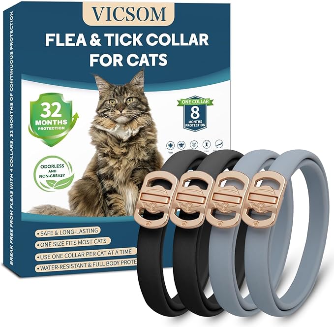 Flea and Tick Collar for Cats - 4 Pack, 32 Month Protection Treatment, Waterproof, Natural Prevention, Adjustable for Cats & Kittens (Black Grey)-Mewly Pet