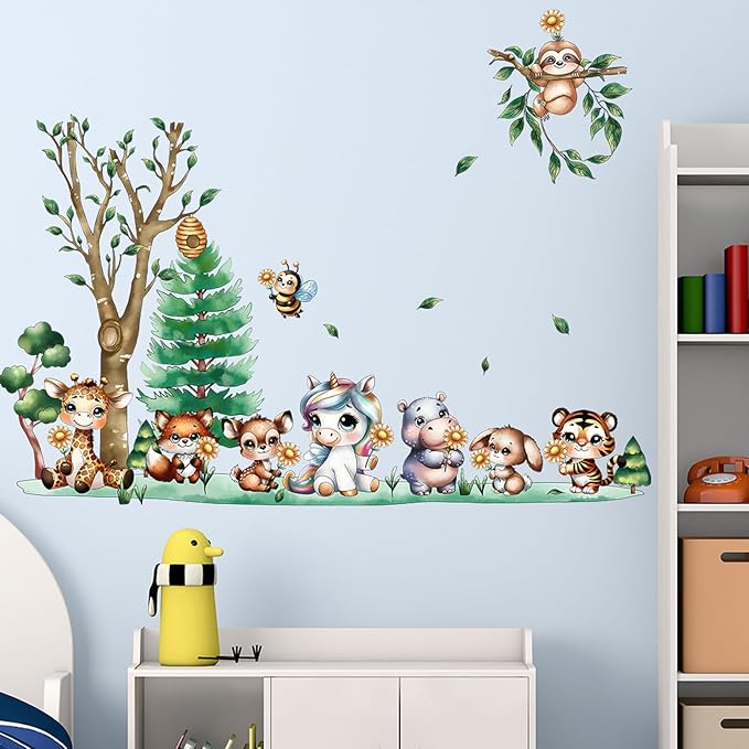 Jungle Animal Wall Stickers Forest Safari Wall Decals Kid Room Nursery Baby Bedroom Décor (Animal Chrysanthemum)