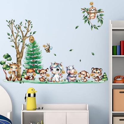 Jungle Animal Wall Stickers Forest Safari Wall Decals Kid Room Nursery Baby Bedroom Décor (Animal Chrysanthemum)