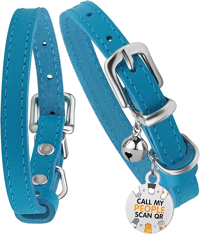 BRONZEDOG Leather Cat Collar with Removable Bells Non Breakaway Kitten QR Tag for Girl Boy (9" - 12" Cats/Mini Dogs, Blue & Silver)-Mewly Pet