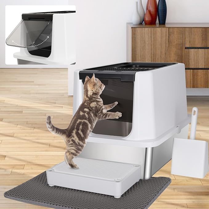 RIZZARI Stainless Steel Cat Litter Box, Odorless Enclosed Litter Box with Top Holes, Large Litter Pan for Small to Large Sized Cats (Black, 23.8" L*15.9" W*16.1" H)-Mewly Pet