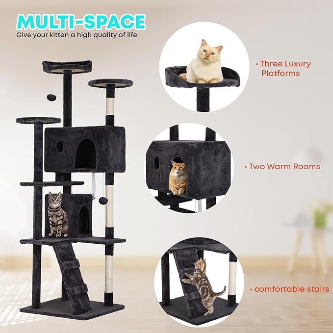FDW Cat Tree 70in Cat Tower Multi-Level Durable Cat Scratching Post & Cozy Fun Cat Jumping Platform Space Saving Cat Condo Pet Play House for Indoor Cats,Dark Gray-Mewly Pet