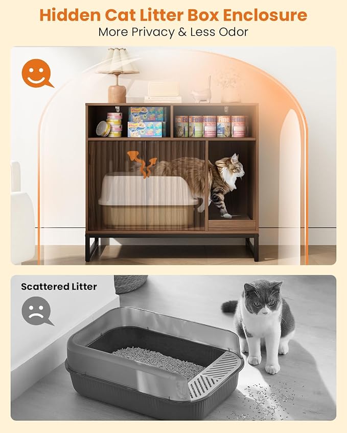 Cat Litter Box Enclosure, Large Hidden Pet Storage Cabinet Furniture with Waveform Fluted Doors & Scratching Pad, Modern Wooden Cat House Indoor for Washroom, Living Room, Bedroom, Rustic Brown-Mewly Pet