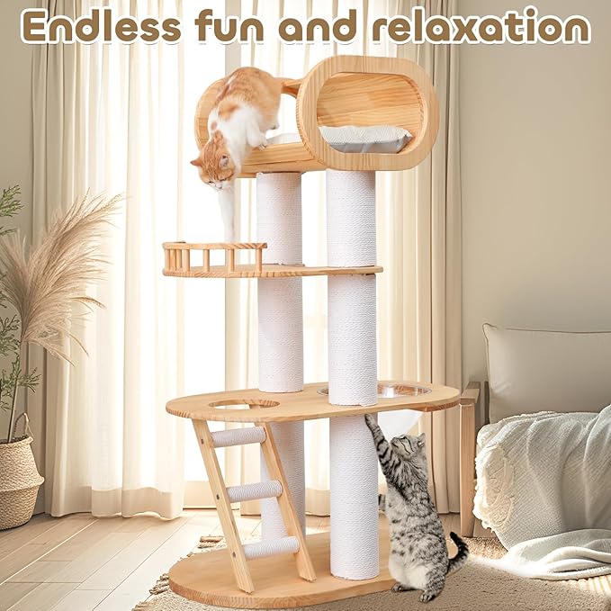 63'' Tall Modern Cat Tree for Indoor Cats, Luxury Cat Tree, Multi-Level Wood Climb Tower for Large Cat, Heavy Duty Kitty House with Transparent Bowl, Large Perches with Removable Cushion-Mewly Pet
