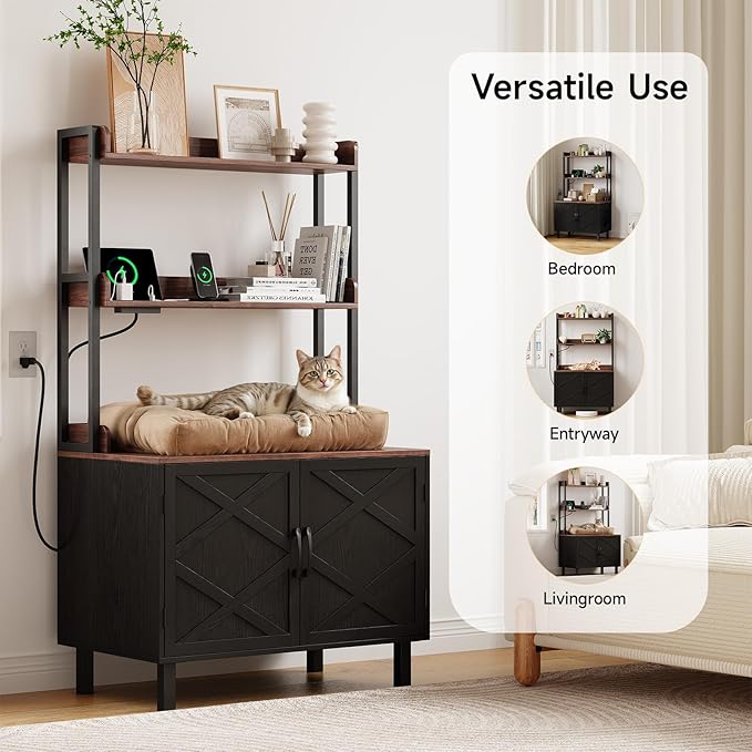 55 Inches Cat Litter Box Enclosure, Hidden Litter Box Furniture with 2 Storage Shelves and Charging Sockets, Wooden Cat House, Large Indoor Cabinet for Living Room & Entryway, Black-Mewly Pet