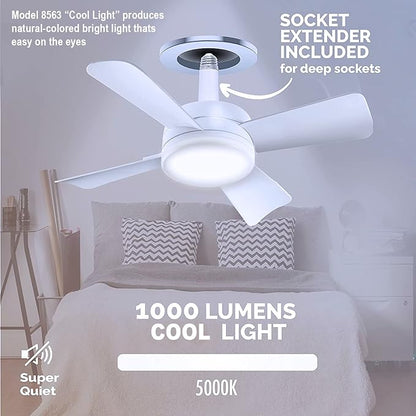 Bell+Howell Socket Breeze Modern Ceiling Fans with LED Lights, 10" LED E26/E27 Screw Base Mini Light Socket Fan with Cord for Bedroom, Living Room, Kitchen, Balcony