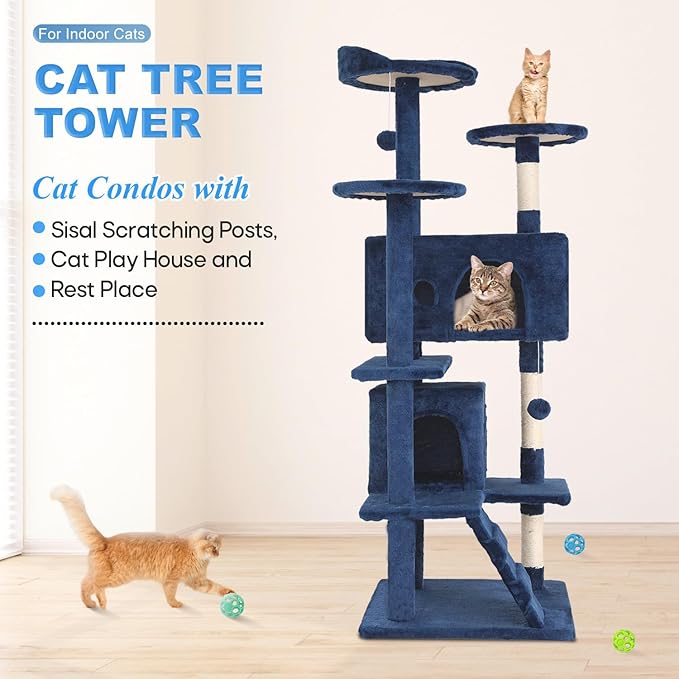 FDW Cat Tree 54in Cat Tower Multi-Level Durable Cat Scratching Post & Cozy Fun Cat Jumping Platform Space Saving Cat Condo Pet Play House for Indoor Cats,Navy Blue-Mewly Pet