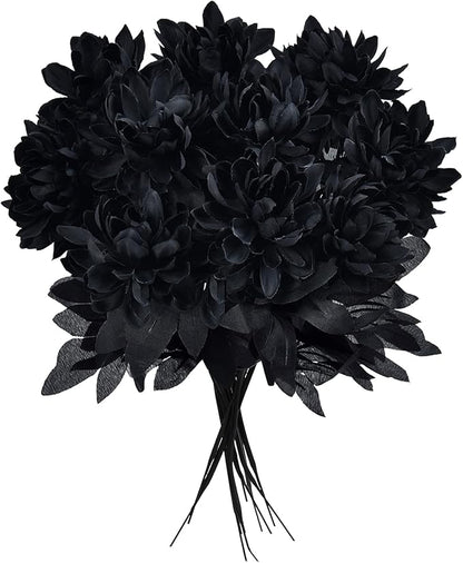 Artflower 10 Pack Artificial Silk Dahlia Bouquet with Long Stem, 16” Black Fake Flower Floral Arrangements Wedding Bridal Bouquet for Halloween Harvest Festival Table Centerpieces Home Decor