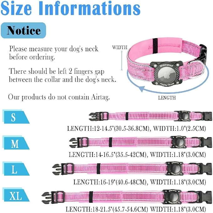 Upgraded AirTag Dog Collar, IP68 Waterproof Dog Collar with Apple Air Tag Holder, Reflective Adjustable Heavy Duty Dog Collars with Soft Padded for Small, Medium and Large Dogs,Pink, S-Mewly Pet