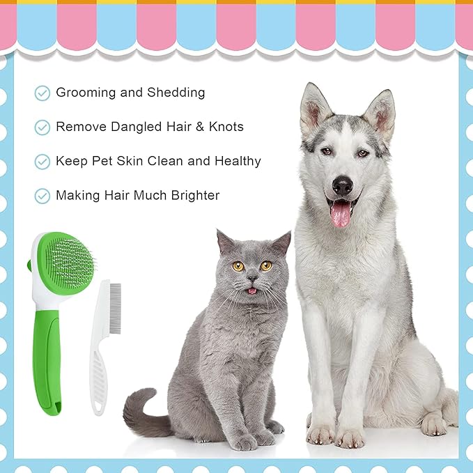 Cat Brushes for Indoor Cats, Dog Brush for Shedding with Metal Cat Comb, Self Cleaning Pet Hair Brush with Release Button for Grooming Kitten(Green)-Mewly Pet