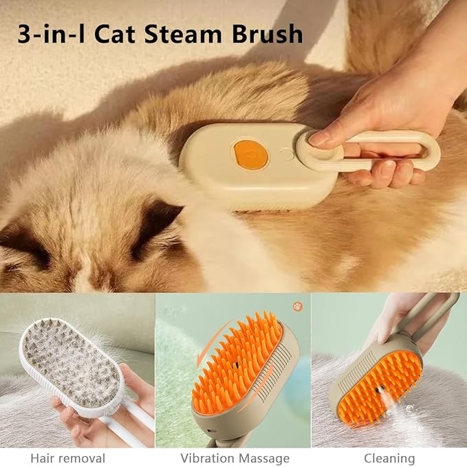 3 in 1 Cat Steam Brush, Pet Steam Cats Brushes Rechargeable Anti-Static Grooming Brushe, Vibration Massage Cleaning Shedding & Combing Multifunctional Hair Removal Comb for Cats Dog (Khaki)-Mewly Pet