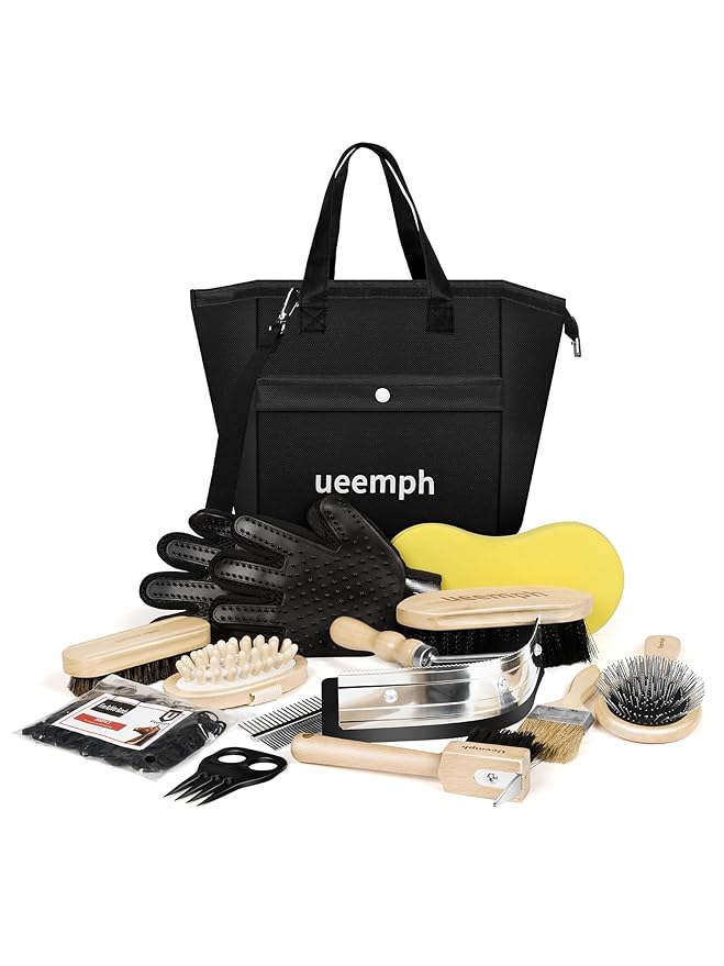 Horse Grooming Kit (12-Piece): Brushes, Storage Bag, Sweat Scraper, Mane Comb, Grooming Gloves, Horse Gift for Girls (Black)-Mewly Pet