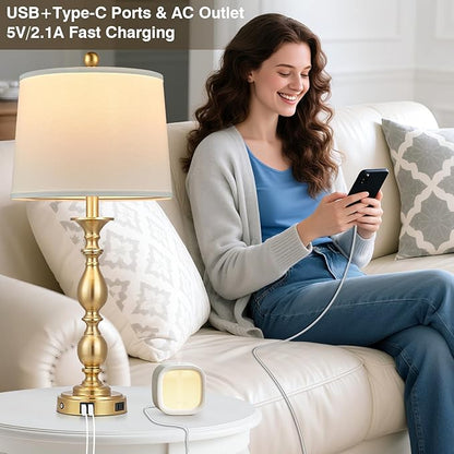 28" Tall Modern Table Lamps Set of 2 with USB A+C Ports and AC Outlet, 3 Way Touch Metal Bedside Lamps for Bedroom, Gold Farmhouse Nightstand Lamps for Living Room
