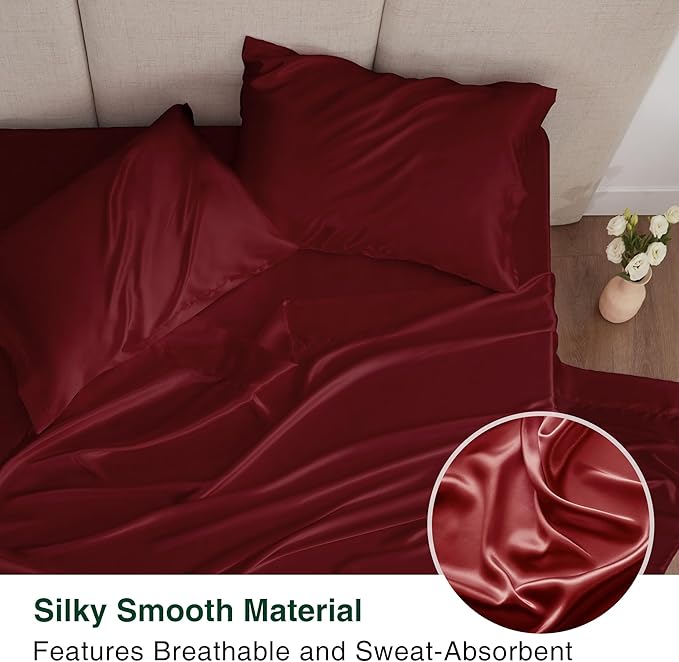 Love's cabin 4Piece California King Satin Bed Linen Set, Burgundy Silky Satin Sheets, Deep Pocket, Luxury Silk Feel, 1 Flat, 1 Fitted Sheet, 2 Pillow Cases