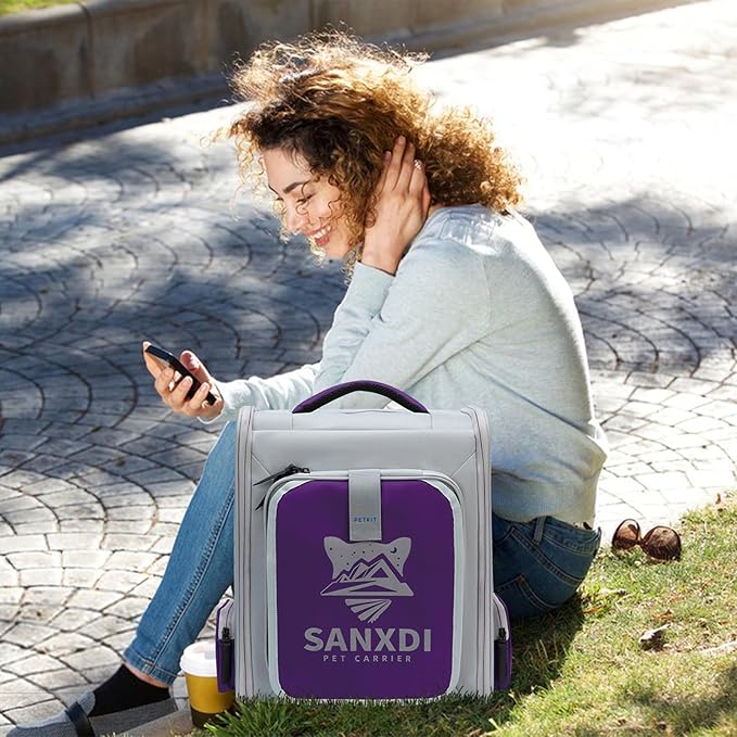 Expandable Pet Backpack, Cat Backpack with Breathable Mesh, Collapsible Soft Cat Travel Bag for Outdoor Hiking, Large Space Dog Backpack(Purple)-Mewly Pet