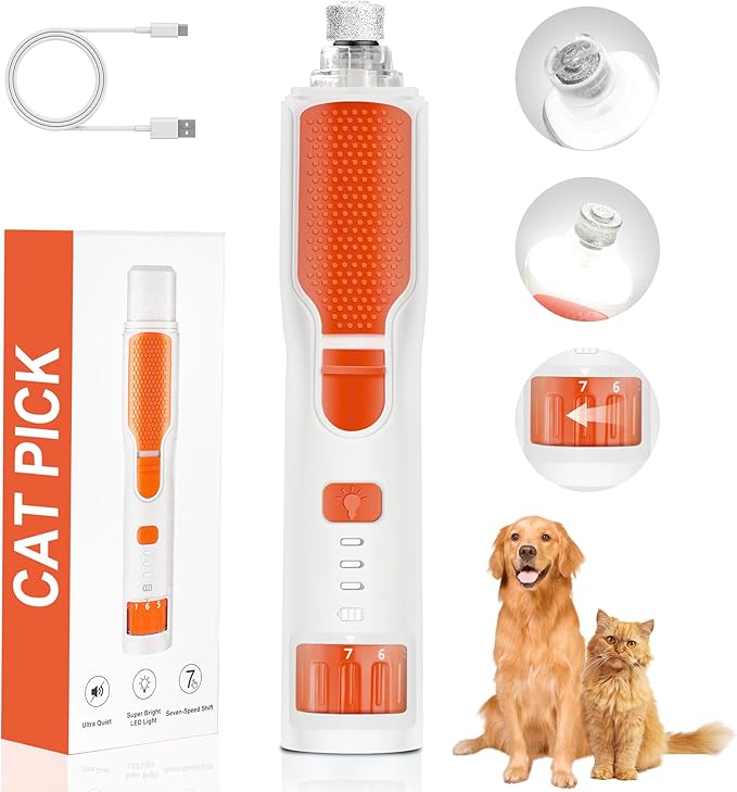 Dog Nail Grinder 7-Speed & 360° LED Light, Professional Pet Nail Grinder for Dogs and Cats, Electric Dog Nail Trimmer Painless Paws Grooming & Smoothing Tool for Large Medium Small Dogs Cats Pets-Mewly Pet