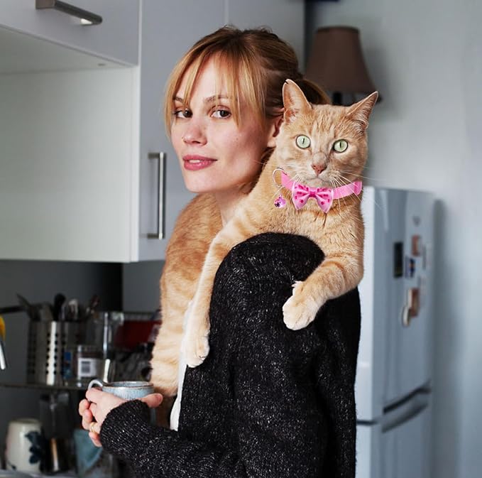 16 PCS Cute Cat Collars with Bells - Breakaway Collars for Girls & Small Kittens - Pink, Bowtie Design - Kitten Supplies-Mewly Pet