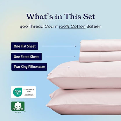 California Design Den King Size Sheets Set - 400 Thread Count Sateen, Natural 100% Cotton Sheets with Deep Pockets, Breathable and Durable Bedding Set - Pink