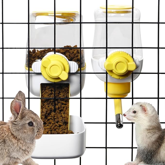 kathson Automatic Rabbit Feeder and Waterer Set, Gravity Pet Food Water Dispenser Bunny Pellet Feeder Small Animal Feeding & Watering Supplies for Guinea Pig Ferret Crate Accessories (Yellow)-Mewly Pet