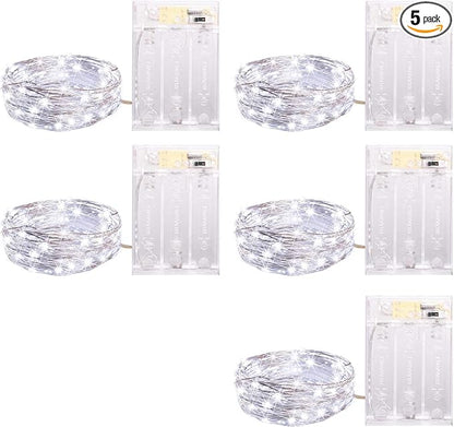 5 Pack Fairy Lights Battery Operated, 7 Feet 20 Led String Lights with Timer, Waterproof Firefly Lights on Silver Wire for Home Party Wedding Christmas Decorations, 6 Hours on/18 Hours Off, Pure White