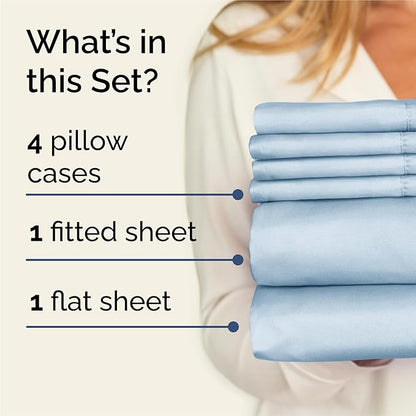 King Sheets Set 6 Piece - Includes 4 Pillowcases - Bed Sheets King Size - Soft Hotel Luxury Bedding - Cooling, Comfy, Cozy & Breathable - 1 Flat & 1 Fitted & 4 Pillowcases w/ Deep Pockets - Sky Blue