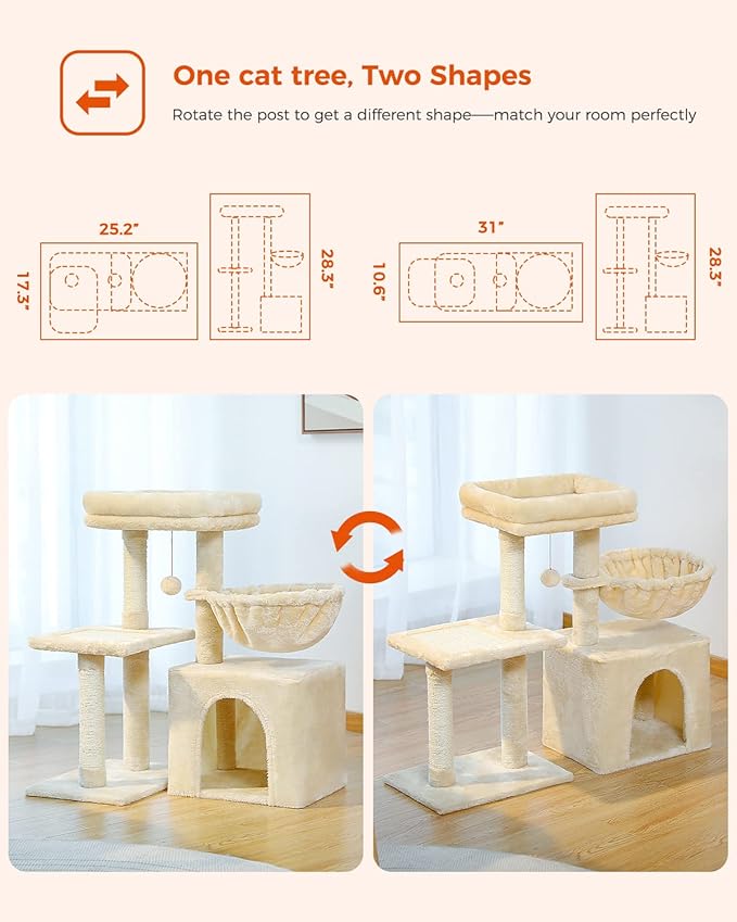 PEQULTI Small Cat Tree, [28.5''] Cat Tower for Indoor Cats, 2 Styles Activity Tree with Cat Scratching Posts, Big Hammock and Removable Top Perch Beige-Mewly Pet