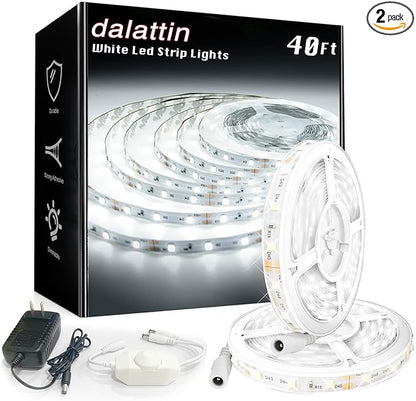 dalattin White LED Strip Lights, 40ft Dimmable LED Light Strip 6500K Bright Daylight White 24V, 720 LEDs 2835 Tape Lights for Bedroom, Kitchen, Mirror, Home Decoration(2 * 20ft)