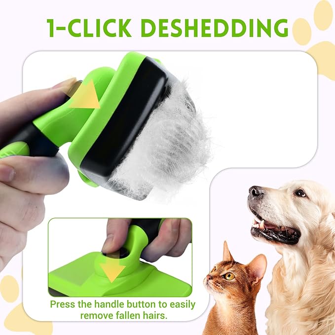 Large Self Cleaning Deshedding Brush for Dogs & Cats - One Button Hair Release Grooming Tool, Gentle Massage Brush for Long and Short Hair (Green)-Mewly Pet