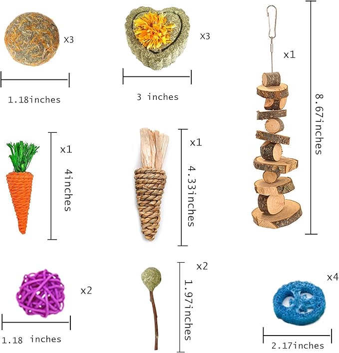 Grddaef 18 PCS Bunny Toys, Rabbit Toys Guinea Pig Toy Natural Apple Wood Grass Timothy Sticks Chew and Treat for Guinea Pigs Hamster Chinchillas-Mewly Pet