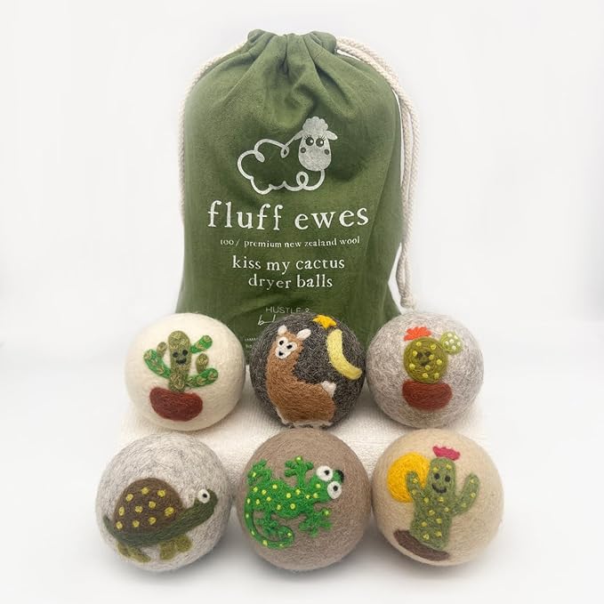 Fluff Ewes Wool Dryer Balls 6 Pack Premium New Zealand Wool Laundry Balls for Dryer, No Static Dryer Balls Laundry Reusable, XL Wool Dryer Balls Cute, Baby Dryer Balls for Dryers - Kiss My Cactus-Mewly Pet