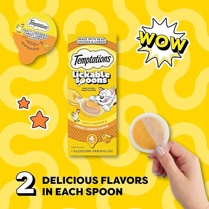 Temptations Lickable Spoons Adult Wet Cat Treat, Tasty Chicken and Cheesy Cheese Flavor, 4 Spoons, Pack of 24 (96 Total)-Mewly Pet