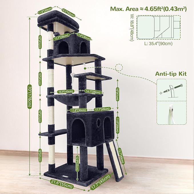 Globlazer Heavy Duty Cat Tree, 70 inch Sturdy Cat Tree for Indoor Cats Extra Large Cat Tower with Scratching Post, Hammock, Cat Condo for Adult Cats Kittens, F70 Pro, Dark Grey-Mewly Pet