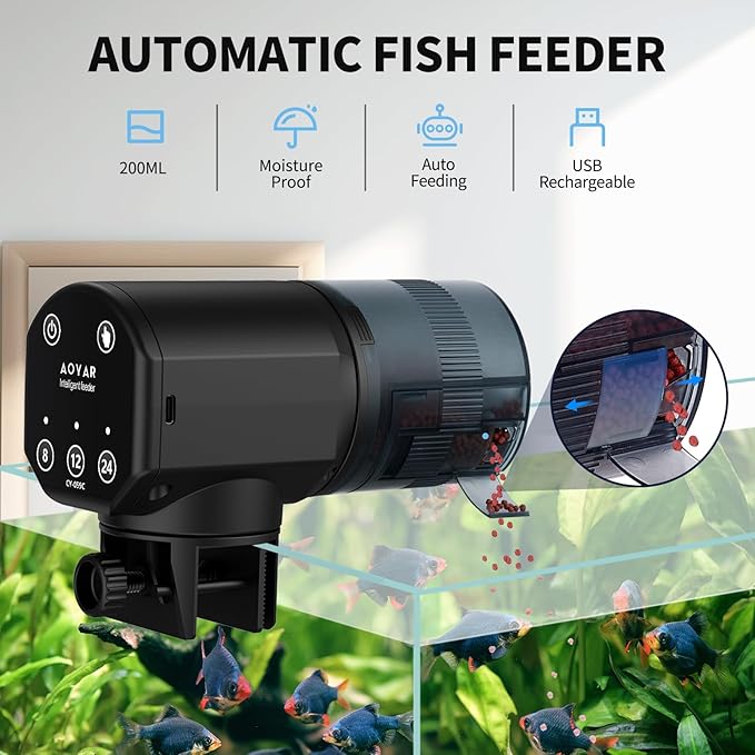 Automatic Fish Feeder for Aquarium: Rechargeable Fish Feeder Dispenser,Moisture-Proof & 200ML Large Capacity Betta Turtle Vacation Feeder,Auto Fish Food Dispenser Timer for Weekends/Business-Mewly Pet