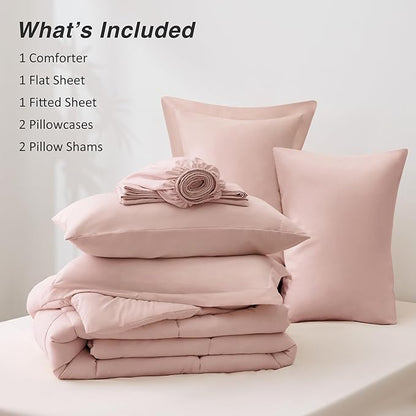 Love's cabin California King Comforter Set Blush Pink, 7 Pieces California King Bed in a Bag, All Season Bedding Sets with 1 Comforter, 1 Flat Sheet, 1 Fitted Sheet, 2 Pillowcase and 2 Pillow Sham