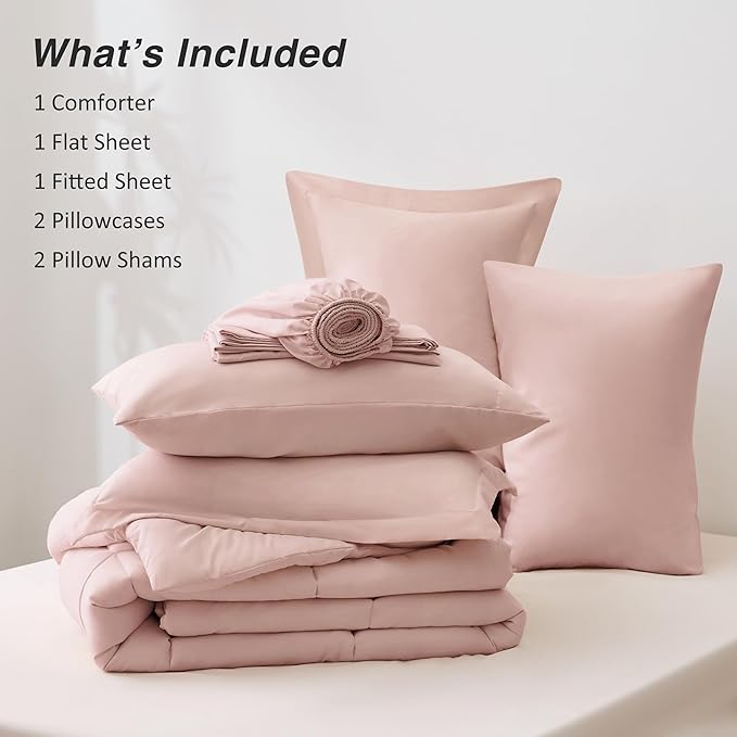 Love's cabin King Size Comforter Set Blush Pink, 7 Pieces King Bed in a Bag, All Season Bedding Sets with 1 Comforter, 1 Flat Sheet, 1 Fitted Sheet, 2 Pillowcase and 2 Pillow Sham