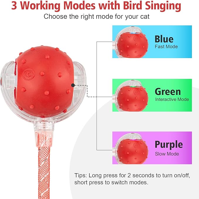 Interactive Cat Toys Ball for Indoor Cats, Automatic Agile Rolling Cat Ball with Elastic Mesh Tail, Bird Chirping & Motion Activated, 2 Tail Accessories, Kitten Toy for Bored (Red)-Mewly Pet