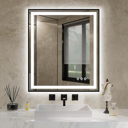 LED Bathroom Mirror, 28x32 Inch Black Framed Gradient Front and Backlit LED Vanity Mirror, 3 Colors Dimmable CRI>90, IP54 Enhanced Anti-Fog Wall Mounted Lighted Bathroom Mirror