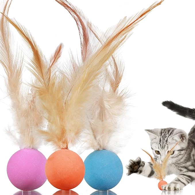 Cat Toys Balls with Feathers, 3 Pcs Interactive Cat Bouncy Balls for Indoor Cats and Playful Kittens, Rubber Kitten Ball Toys for Interactive Playing, Chase Training and Hunting Exercise-Mewly Pet