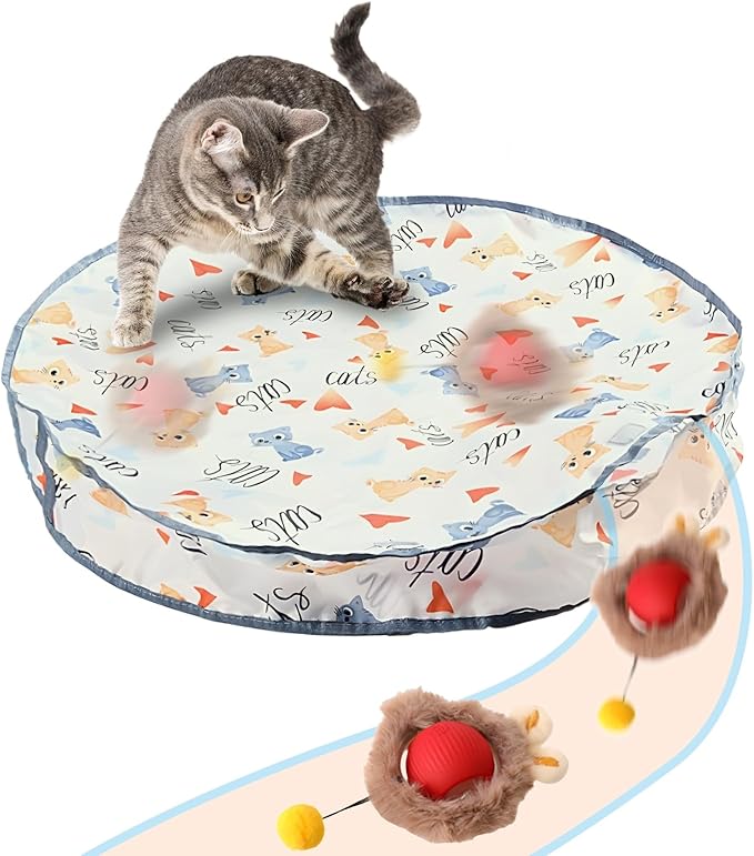 Rocfish Interactive Cat Toys Ball - Automatic Fast Rolling Ball in Play Mat, Hide and Seek Mouse Catching Game, Low-Noise Cat Enrichment Toys in Pouch for Indoor Bored Cats (Red Toy & Round Mat)-Mewly Pet