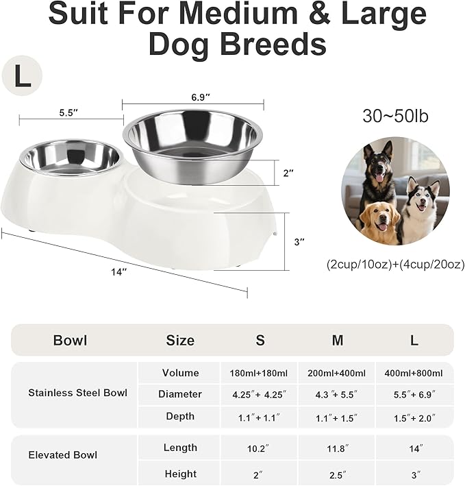Elevated Dog Bowls Set - Non-Slip Raised Pet Feeder with Medium (10 oz) & Large (20 oz) Stainless Steel Bowls - Includes Durable Resin Stand for Puppies, Adult Dogs & Cats - White-Mewly Pet